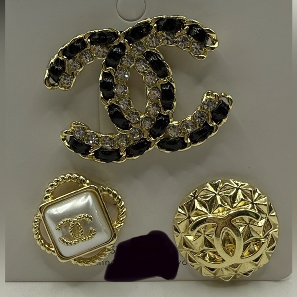 Luxury Gold and Black Brooch 3pc Set Crystal accents faux pearls NEW - Picture 4 of 6